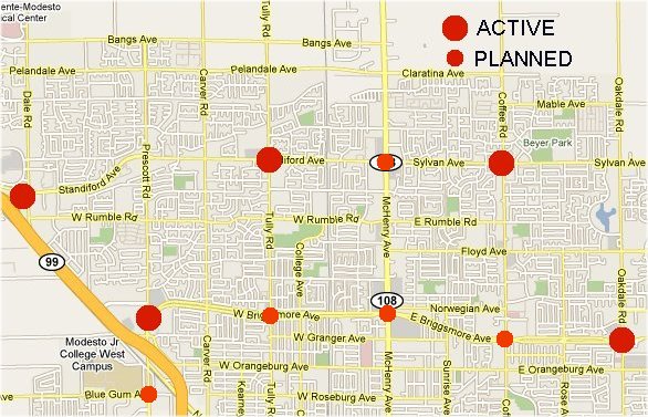 Map of Modesto red light camera locations