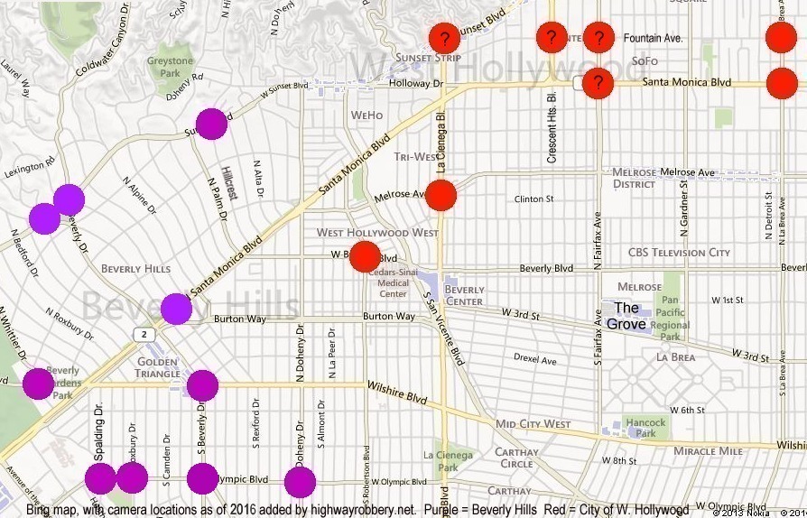 Maps of Beverly Hills and West
                Hollywood red light cameras