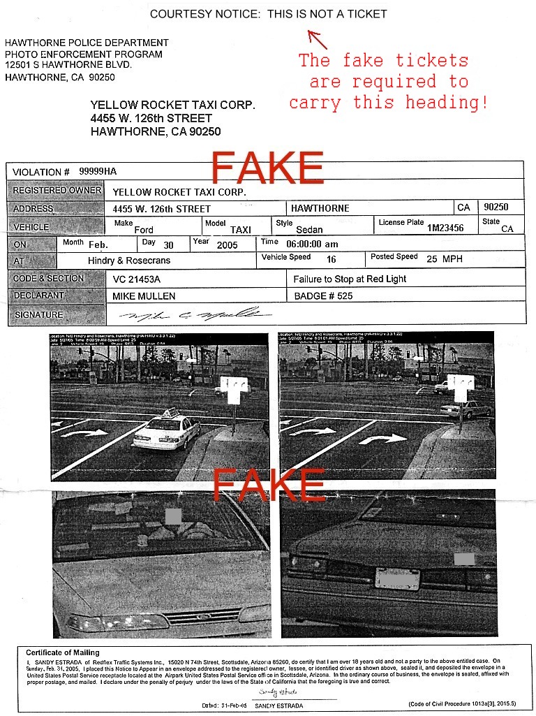 fake red light camera ticket, aka Snitch Ticket