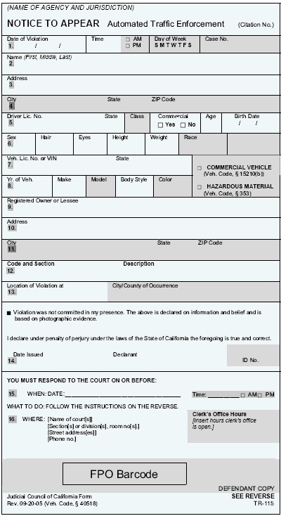 Official format, Notice to Appear - Calif. only